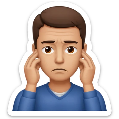 A man looking stressed holding the front of his neck  sticker