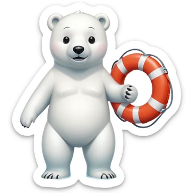 full body friendly anthropomorphised polar bear smiling wearing colorful swim suit and scuba goggles holding red and white life buoy standing in small puddle sticker