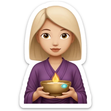 A woman holds a Buddhist empty bowl in her hands. There is a glow around the girl. sticker