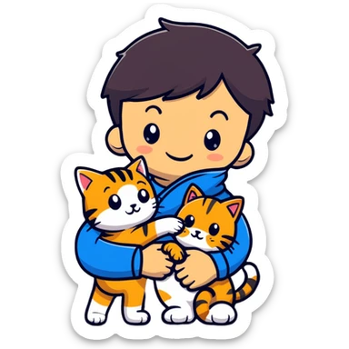 A smiling boy hugging a friendly tabby cat sticker