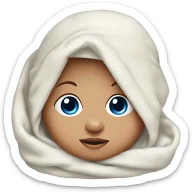 Newborn baby with blue eyes swaddled with hat sticker