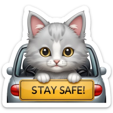 Cute kitten with a sign that says, Stay safe driving! sticker