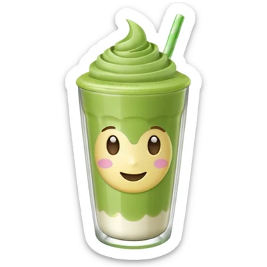 Emoji glossy 3D de un vaso de matcha latte, vaso de vidrio transparente con matcha espumoso verde pastel, capas suaves de leche y matcha, brillo intenso tipo sticker, sombras delicadas, fondo transparente, estilo cute moderno, alta calidad sticker