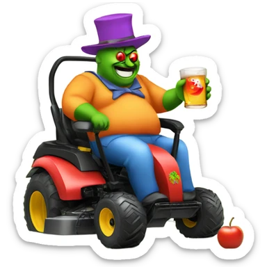 fatman-drinking-cider on ride on lawn mower with a clown hat sticker