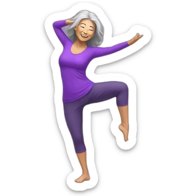 long hair asian senior woman in sexy purple yoga clothes dancing zumba sticker