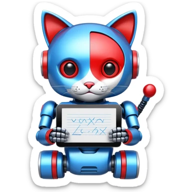 generate robot cat, glossy, realstic, red and blue color, write on tag LMX sticker