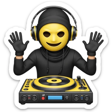 Make a customized yellow head emoji with hands and holding a dj turn table  in a  ninja face mask sticker