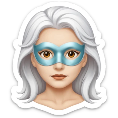 white haired woman with half white mask sticker