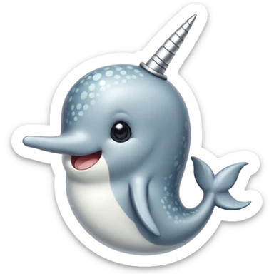 Cinematic Noble Cute Narwhal Portrait Emoji, Poised and graceful, with a streamlined, gently curved body clad in mottled, silvery-gray skin, accented by a long, spiraled ivory tusk and wide, expressive eyes radiating playful intelligence, Simplified yet sharp and sophisticated features, highly detailed, glowing with a cool, frosted ocean glow, high shine, intelligent and enigmatic, stylized with an air of whimsical marine majesty, focused and graceful, soft glowing outline, capturing the essence of a watchful and confident cute narwhal that appears ready to glide out of the screen with effortless charm! sticker