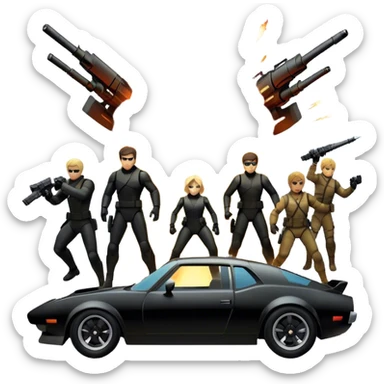 Photorealistic Icon for Action Movies: Dynamic collage of iconic action movie scenes featuring explosions, fast cars, combat, and weapons. Include silhouettes of famous action heroes, dramatic lighting, and a sense of high-octane energy. Transparent background. sticker
