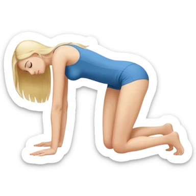 view from the behind, fair skinned naked woman, thin, long blond hair, on all fours, hips raised, ass up, head down, shoulder down, chest down sticker