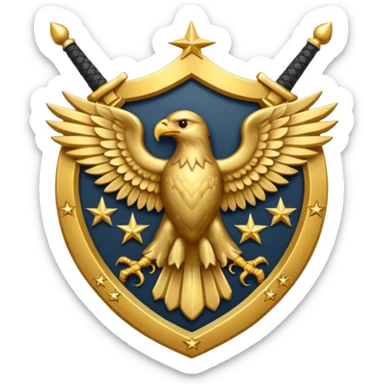 Insignia militar realista para videojuegos de guerra (estilo Delta Force), forma de escudo metálico con bordes desgastados. Incluye:

Símbolo: [fusiles cruzados / águila / estrellas / espada] sticker