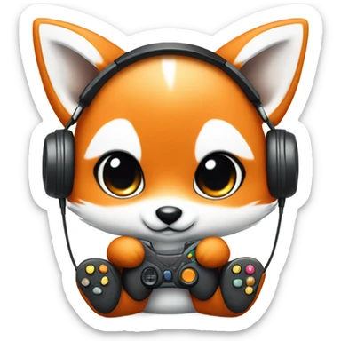 Detailled Baby kawaii fox with headphones on ears and gamepad controller sticker