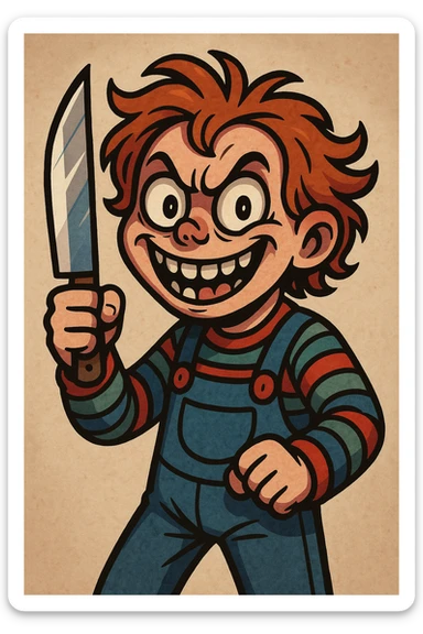 a cartoonish killer character wielding a knife, exaggerated features, playful yet creepy sticker