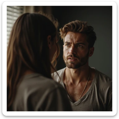 Hyperrealistic 4K image of a man pretending to be weak and asking a woman for help, dramatic expression, domestic environment, highly detailed. sticker