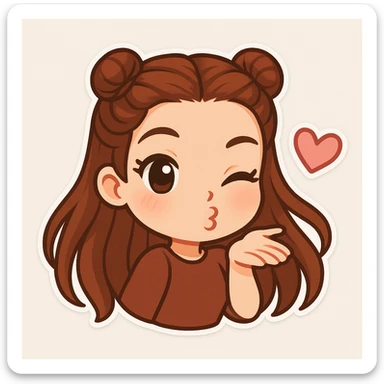 Create a chibi sticker of the girl from the reference image, blowing a kiss and winking, playful and sweet, with long hair. sticker