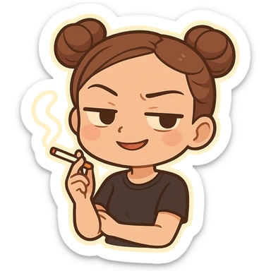 chibi sticker of a girl with double bun hairstyle, holding a cigarette, with a smug and confident facial expression, same face and clothes as before sticker