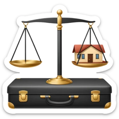 Minimalistic flat vector icon, iOS style, thin black contour on white background. Balanced scale with a house on one side and a briefcase on the other. Clean, no text, no shadows.
 sticker