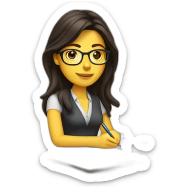 White woman with long dark brown hair using glasses writing sticker