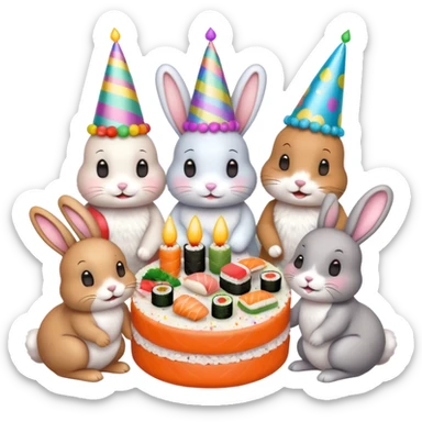 four bunnies together eating sushi at a birthday party, playful, colorful, party hats, birthday decorations, confetti, balloons, sushi, birthday cake, varied composition, emoji style, all four bunnies clearly visible sticker