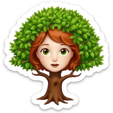 Un petit sapin vert sylvestre, féminin, regard malicieux, tâches de rousseurs délicates, joues roses. Yeux de biche brillants en forme amande, yeux couleur ambre, tronc couleur acajou. Sapin en mouvement, incurvé pour un effet vivant. Style memoji. sticker