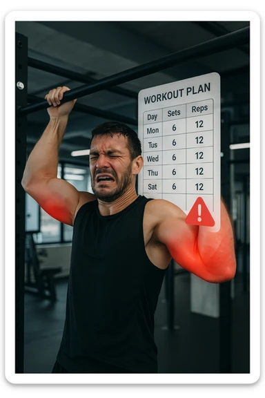 a man in gym attire performs pull-ups on a bar, with his elbows highlighted in bright red to indicate inflammation. A digital overlay shows a weekly training log with high numbers of sets and reps, and a warning icon appears next to the log. The man’s face shows pain and fatigue. The background is a modern gym, emphasizing the link between excessive training volume and injury. scritto in italiano sticker