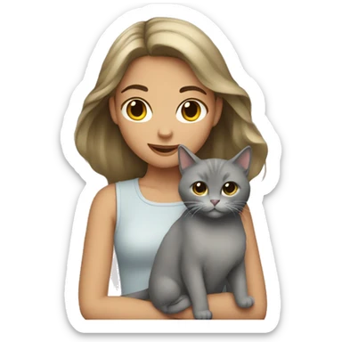 Girl with dark blonde hair holding furry grey cat sticker