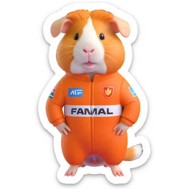 full-body cute guinea pig wearing a detailed Formula 1 racing suit, no helmet, standing pose sticker