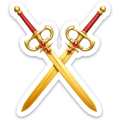 Two crossed swords that are golden in blade and handle and have fiery and royal appearence to them as well as red gem stones yellow in color sticker