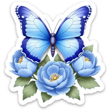 A delicate butterfly with cobalt blue and powder blue wings, its edges dusted with shimmering silver, gently perched on a cluster of blooming pastel blue peonies and deep navy pansies, their petals unfolding in the soft sunlight. sticker