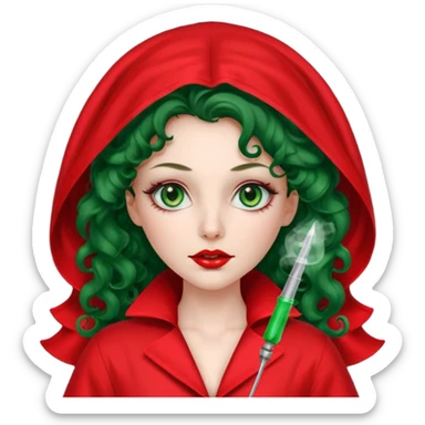 Spanish sexy evil woman. She has green eyes.  had brown long curly hair.  evil surgeon kills with needle wears red sexy doctor coat with red Juliet veil on her mouth and nose to hide and wearing red gloves.  sticker