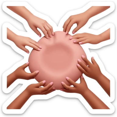 multiple hands working together to form a simple pink clay blob shape, collaborative pottery beginners sticker
