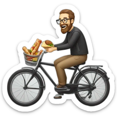 a man with a beard and glasses on a bicyble eating a kebab sticker