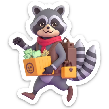 cartoon raccoon bandit with mask carrying stolen loot sticker
