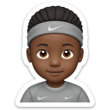 a little black baby with serious facial expression wearing a gray nike tech sticker