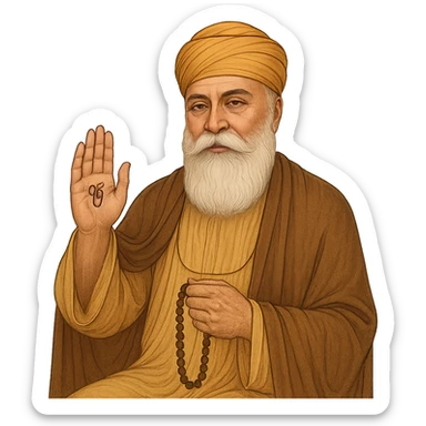 Guru Nanak Dev Ji, blessing with one hand raised, holding prayer beads, peaceful smile, traditional Sikh clothing, dignified and spiritual style sticker