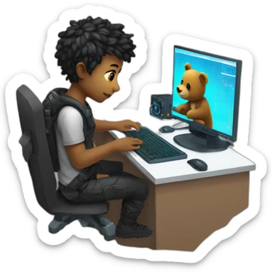 a male name teddy is doing coding at his cyberpunk room, there is a code at his monitor and there is a teddy bear sticker