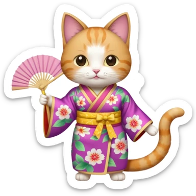 A cat in kimono-style outfit, opening a floral fan with gentle poise. sticker