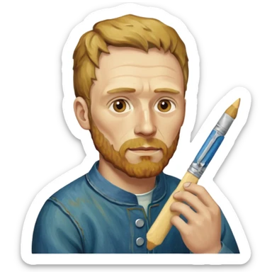 van gogh paints on a canvas. On his right he has a band-aid sticker