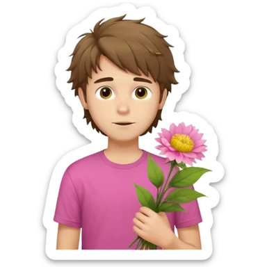 generate an ios genmoji of a 20 year old fair boy with brown long and messy hair with stubble on cheeks. carrying a pink flower bouquet, wearing a yellow tshirt, looking shy sticker