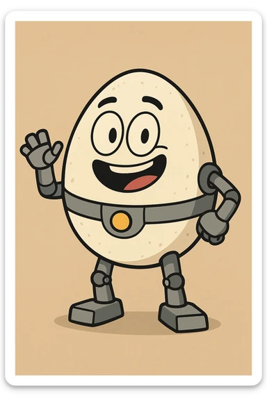 egg character, robot style, round shape, smiling, vivid colors, minimal background sticker