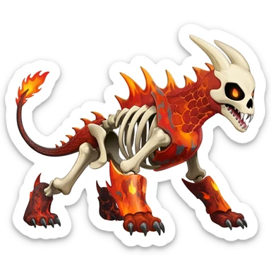 Skeletal Fiery Flaming Volcanic Draconic Cubone-Salandit-Houndoom-Houndour-Marowak-Poochyena-Litten-Fakémon-hybrid-creature (full body), 4 legs sticker