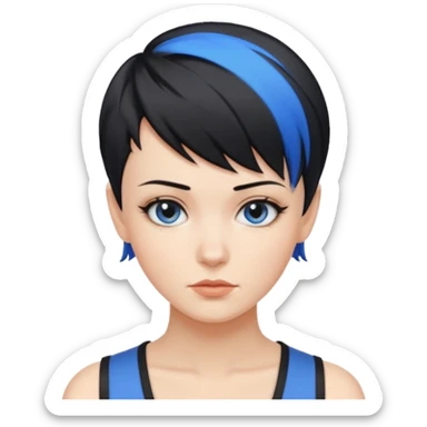 frau freche extreme schwarze Kurzhaarfrisur eine Seite wirklich fast keine Haare andere Seite mit blauer Strähne sticker