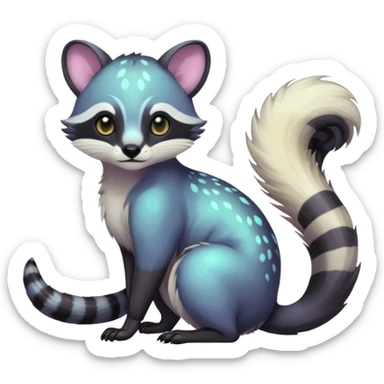 Colorful dark tropical iridescent pastel white glorious divine exotic cute cool beautiful shiny beautiful fantasy-civet-vernid-Cacomistle-Trico-animal-Fakémon-hybrid-fursona (full body) sticker