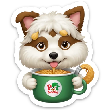 a brunette white wooly dog eating a pot noodle sticker
