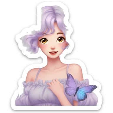 gorgeous pretty anime cartoon pastel lady with butterflies and beautiful hair fairycore cottagecore sticker