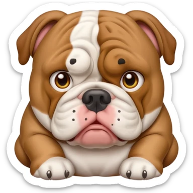 English bulldog with a worried face and a 'need help' sign, emoji style sticker