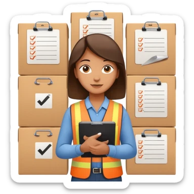 A person holding a clipboard with checklist marks next to stacked boxes, indicating stock or inventory management. sticker