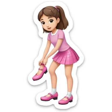 Ariana putting on her shoes wearing a pink croc top and a short white skirt  sticker