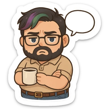 A realism art illustration art style of handsome plus-size man with black hair and a purple to green ombre streak, black beard, blue eye, glasses, dressed like a dad, holding a coffee mug, blank speech bubble, frowning  sticker